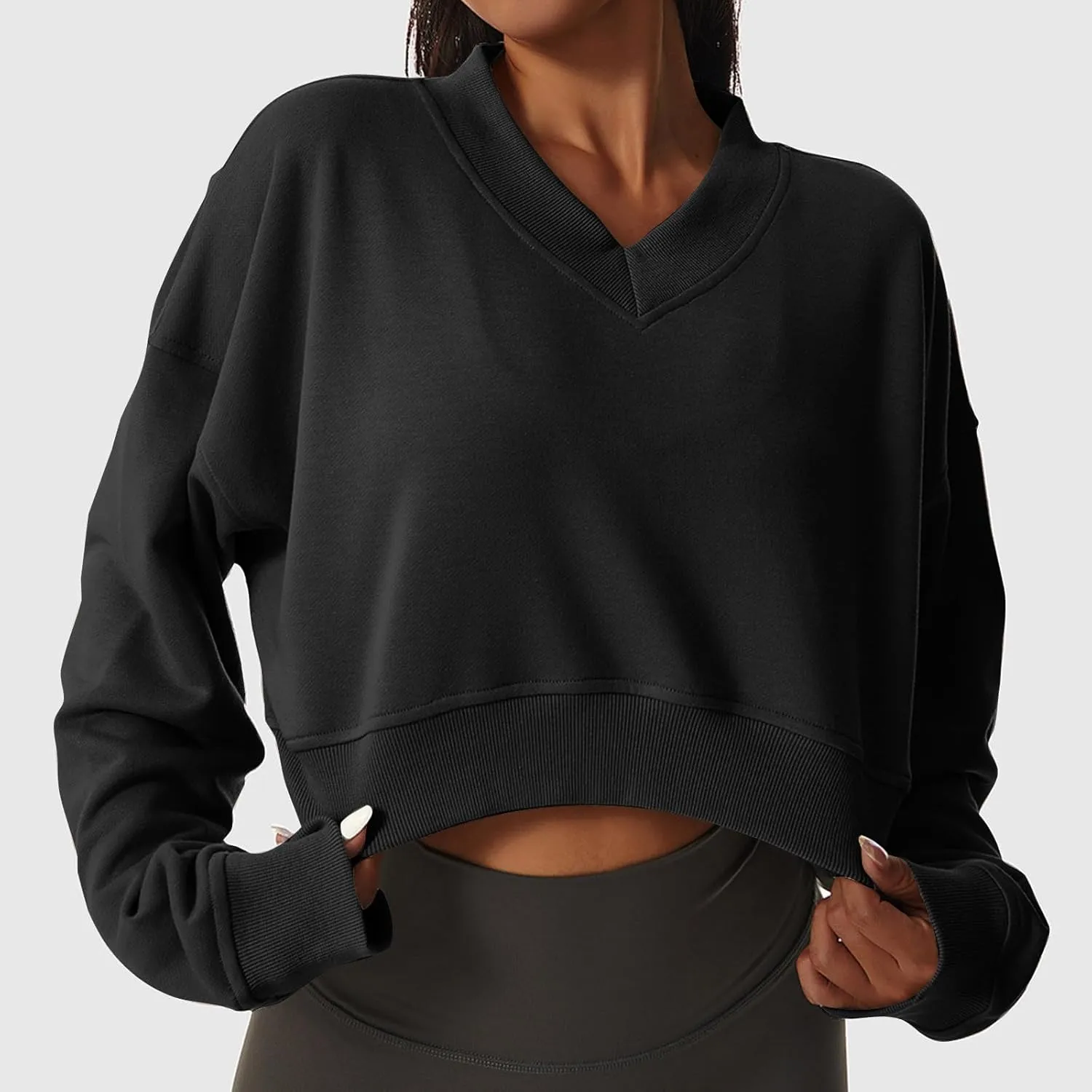 Women's Fleece Lined Sweatshirt Drop Shoulder Slouchy Cropped Tops Long Sleeve Crew Neck Pullover Fall Preppy Clothes