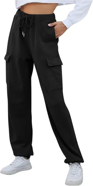 Womens Fleece Warm Joggers with Pockets High Waisted Drawstring Cargo Pants Trendy Casual Sweatpants with Pockets