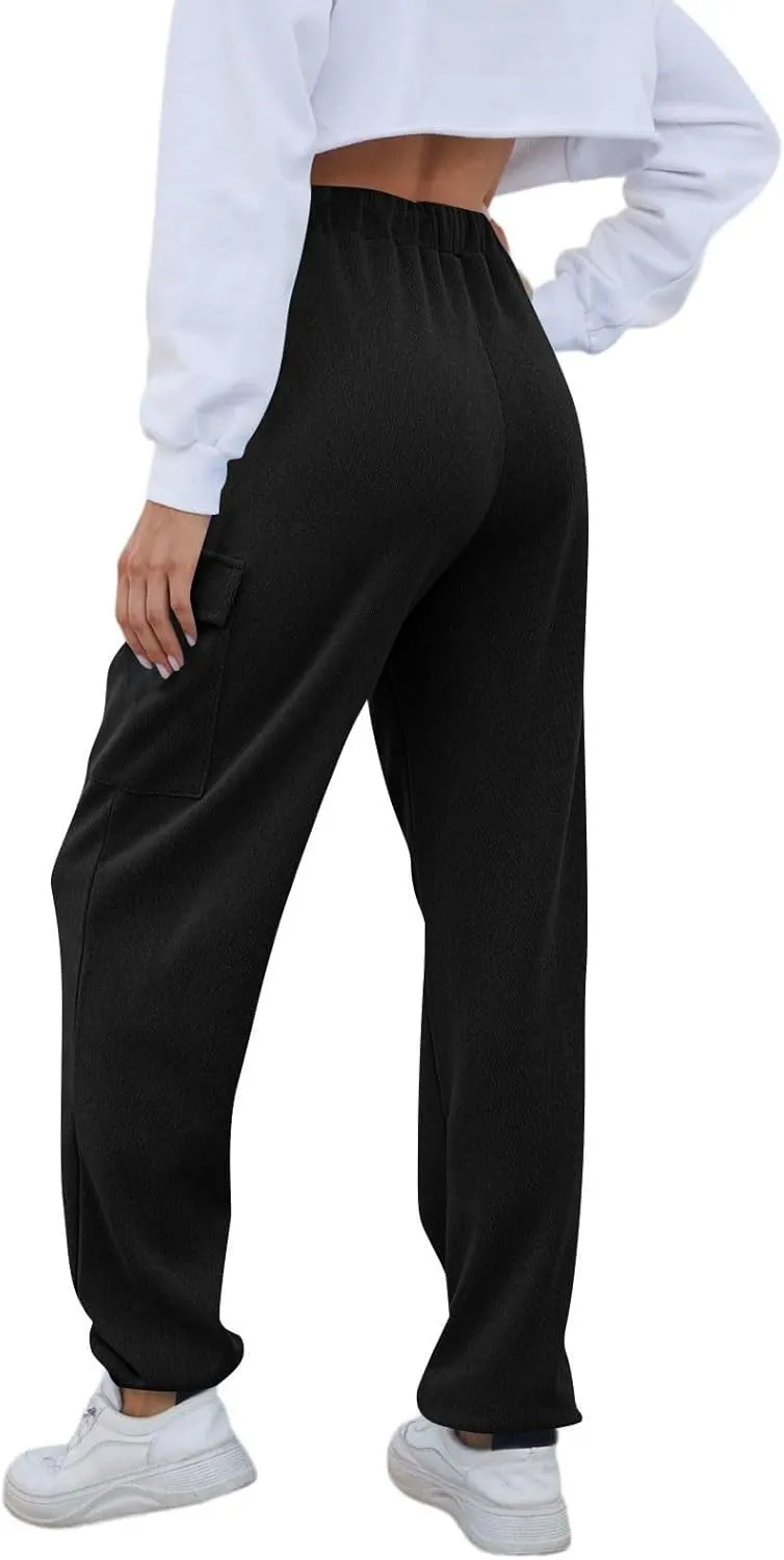 Womens Fleece Warm Joggers with Pockets High Waisted Drawstring Cargo Pants Trendy Casual Sweatpants with Pockets