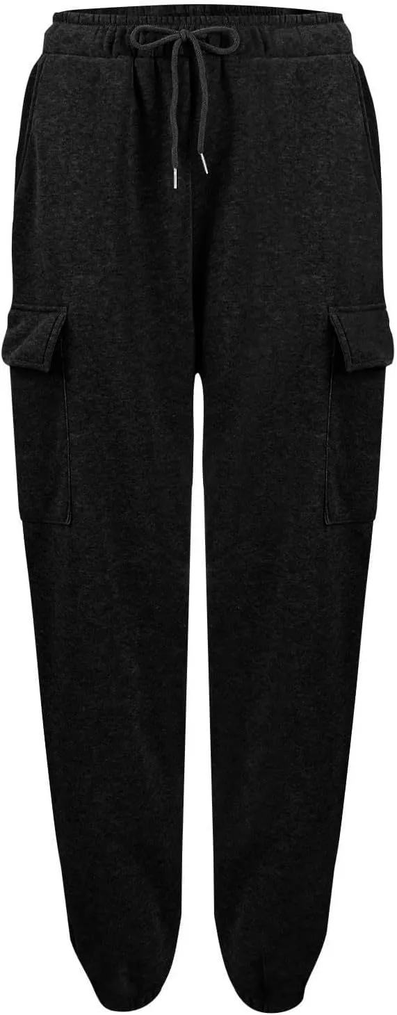 Womens Fleece Warm Joggers with Pockets High Waisted Drawstring Cargo Pants Trendy Casual Sweatpants with Pockets