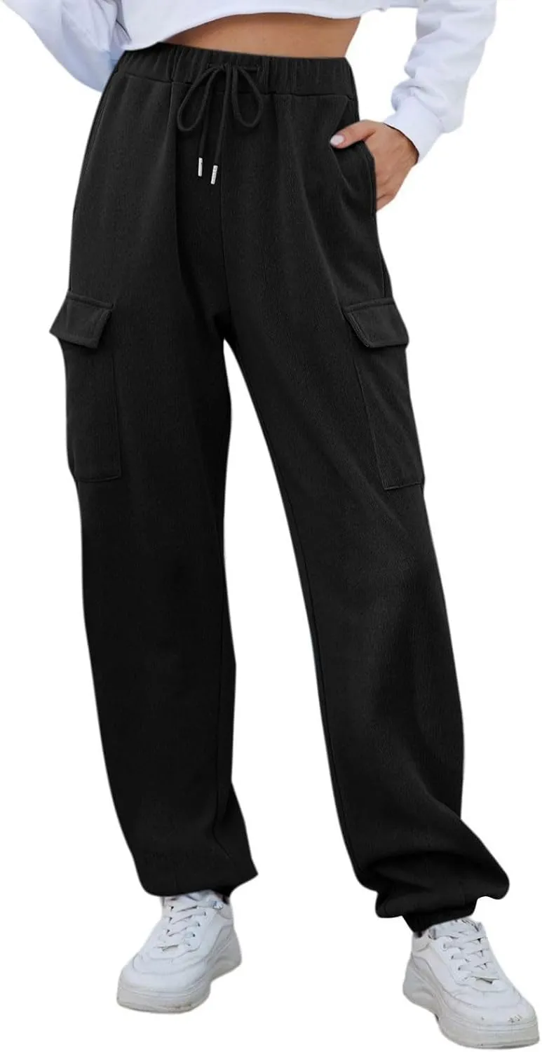 Womens Fleece Warm Joggers with Pockets High Waisted Drawstring Cargo Pants Trendy Casual Sweatpants with Pockets