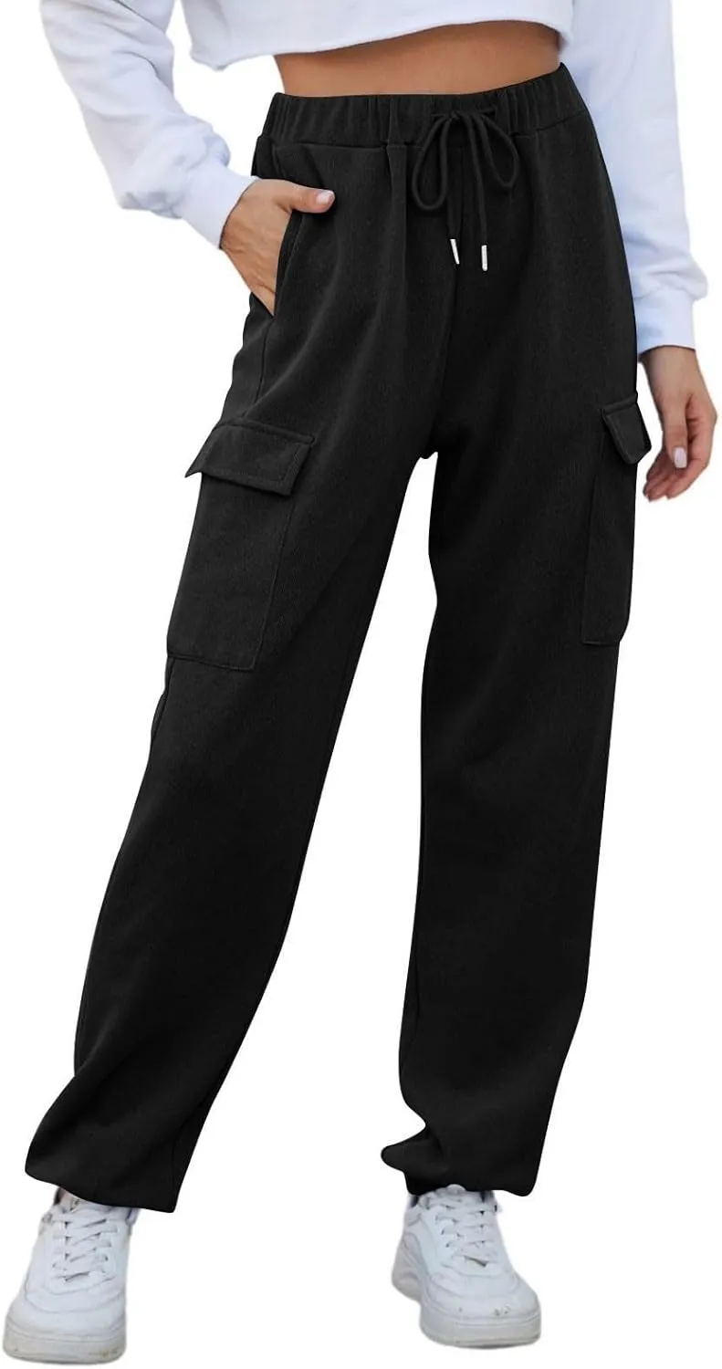 Womens Fleece Warm Joggers with Pockets High Waisted Drawstring Cargo Pants Trendy Casual Sweatpants with Pockets