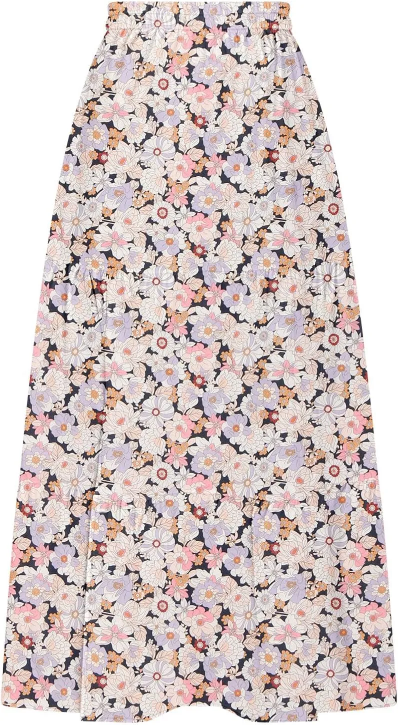 Women's Floral Long Skirts Split Summer Skirts Elastic Waist Flowy Maxi Skirt A Line Beach Skirts Boho Casual Skirts