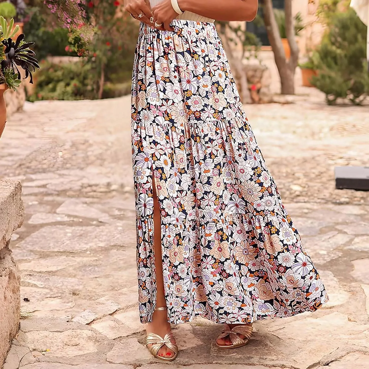 Women's Floral Long Skirts Split Summer Skirts Elastic Waist Flowy Maxi Skirt A Line Beach Skirts Boho Casual Skirts