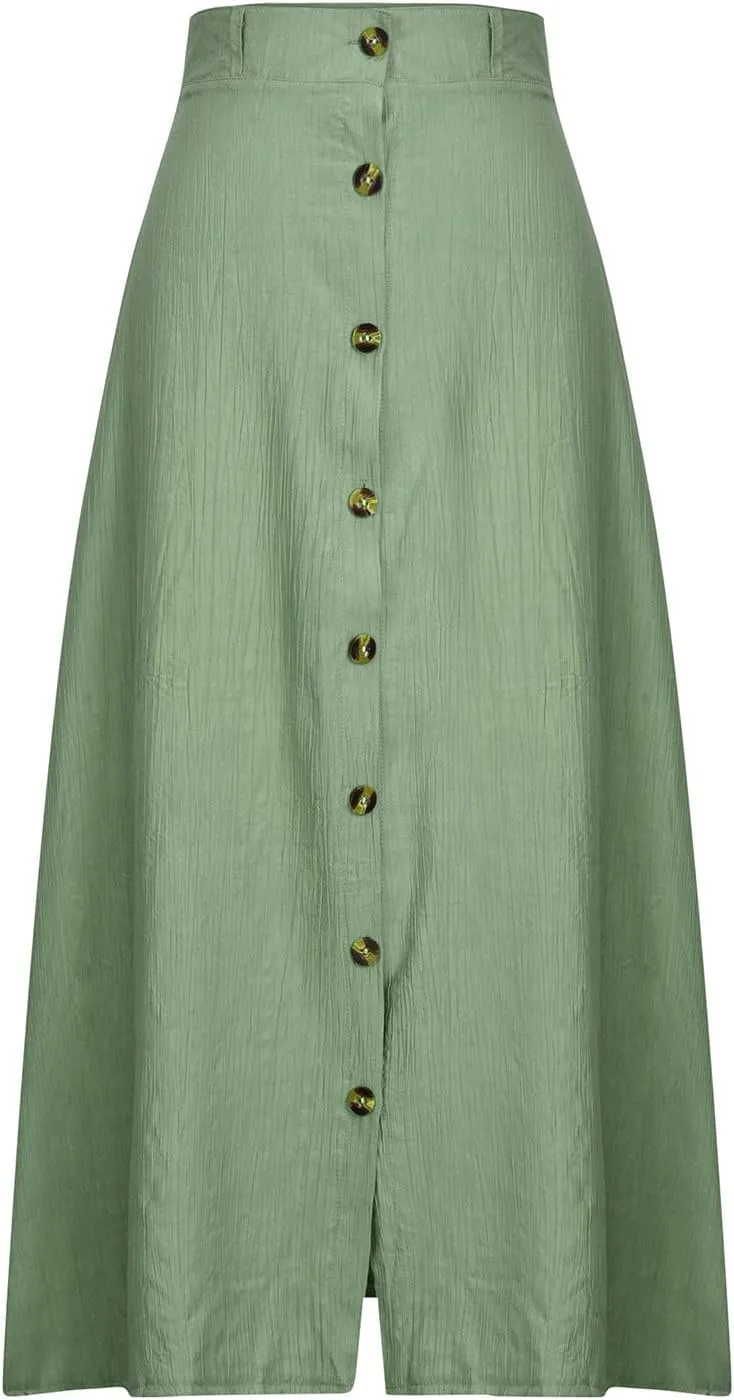 Women's Flowy Button Up Midi Skirts High Waisted Elastic Skirt Casual Split Front Dress Vintage Flared Skirts