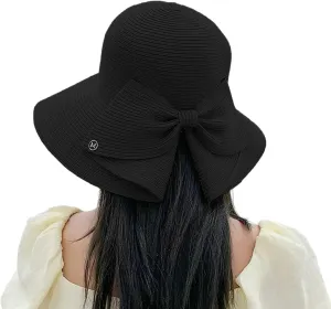 Womens Foldable Wide Brim Foldable Wide Brim Floppy Straw Beach Sun Hat Summer Cap with Bowknot for Women Girls