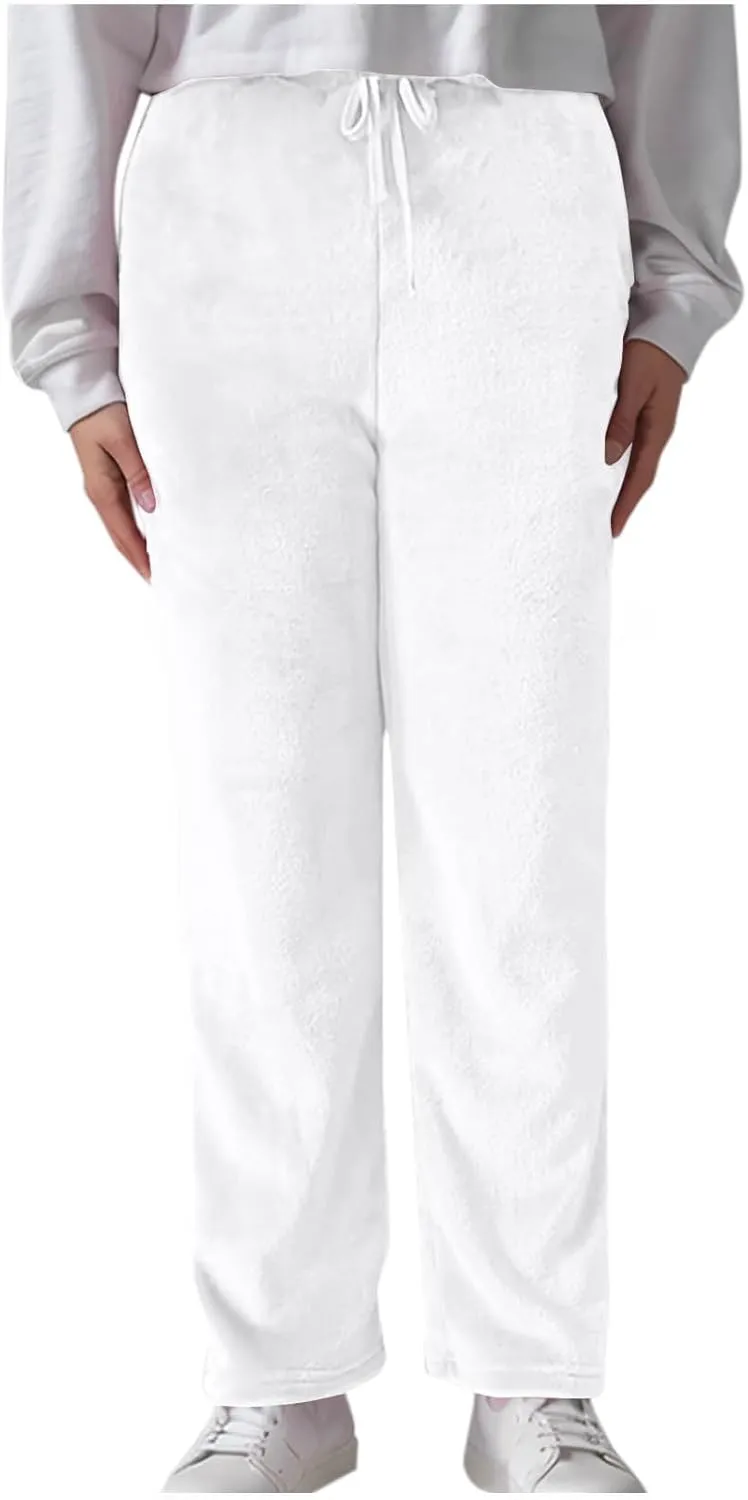 Womens Fuzzy Fleece Sweatpants Winter Warm Wide Leg Lounge Pants Comfy Soft Sherpa Pajama Sleepwear with Pockets