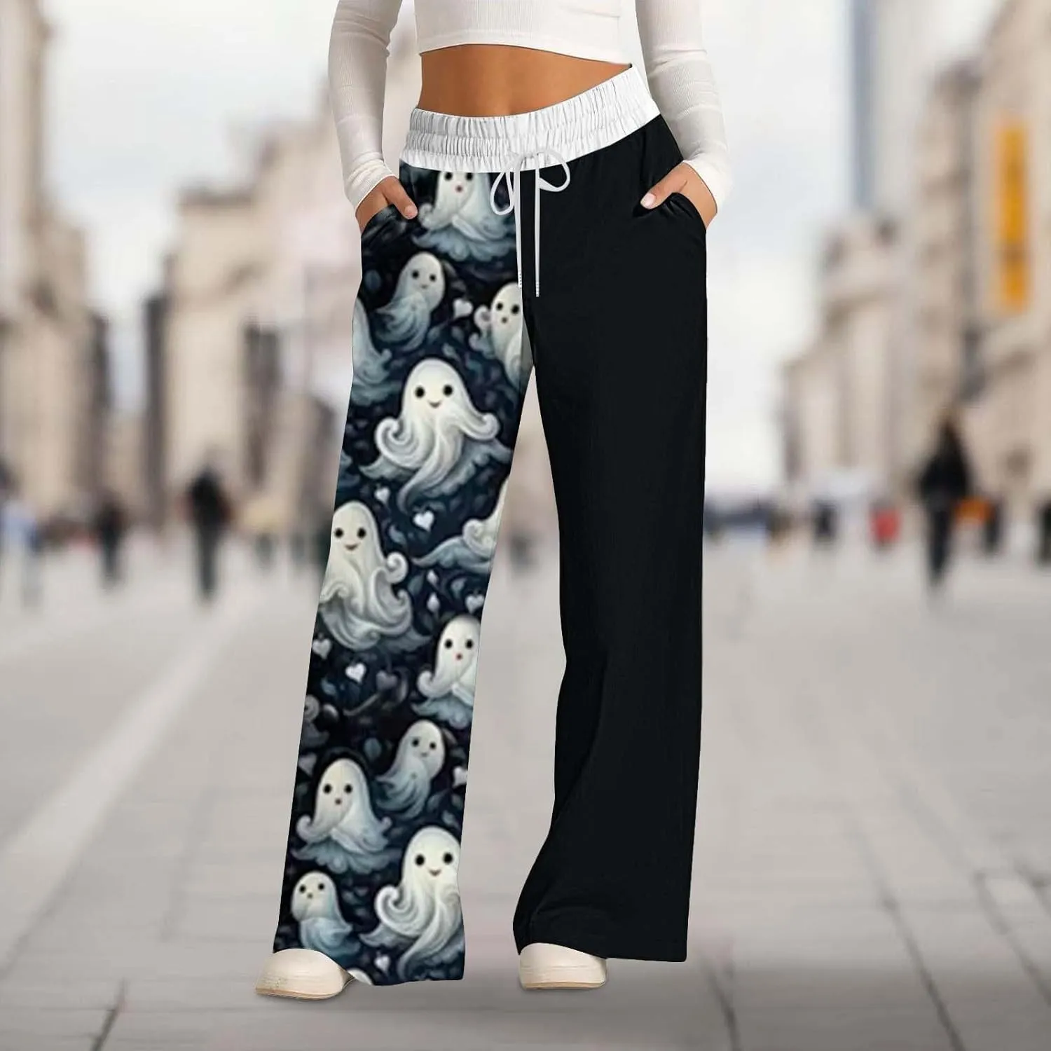 Womens Halloween Sweatpants Lacing Solid Color Waist Waist Wide Leg Casual Pants Womens Cargo Sweatpants Fleece
