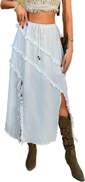 Women's High Waist Split Ruffle Skirts Y2k Summer Boho Drawstring Flowy Midi Skirt 2025 Trendy Vacation Outfits
