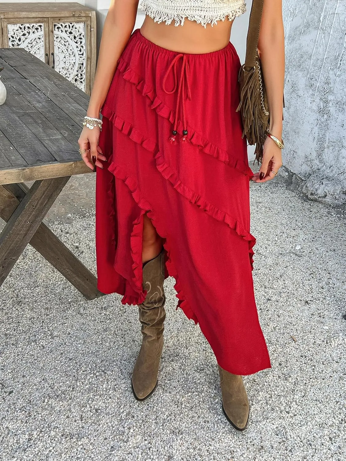 Women's High Waist Split Ruffle Skirts Y2k Summer Boho Drawstring Flowy Midi Skirt 2025 Trendy Vacation Outfits