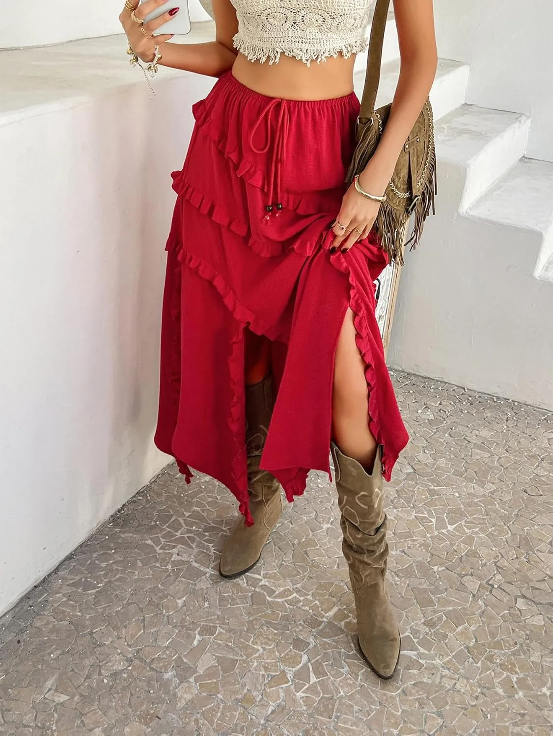 Women's High Waist Split Ruffle Skirts Y2k Summer Boho Drawstring Flowy Midi Skirt 2025 Trendy Vacation Outfits