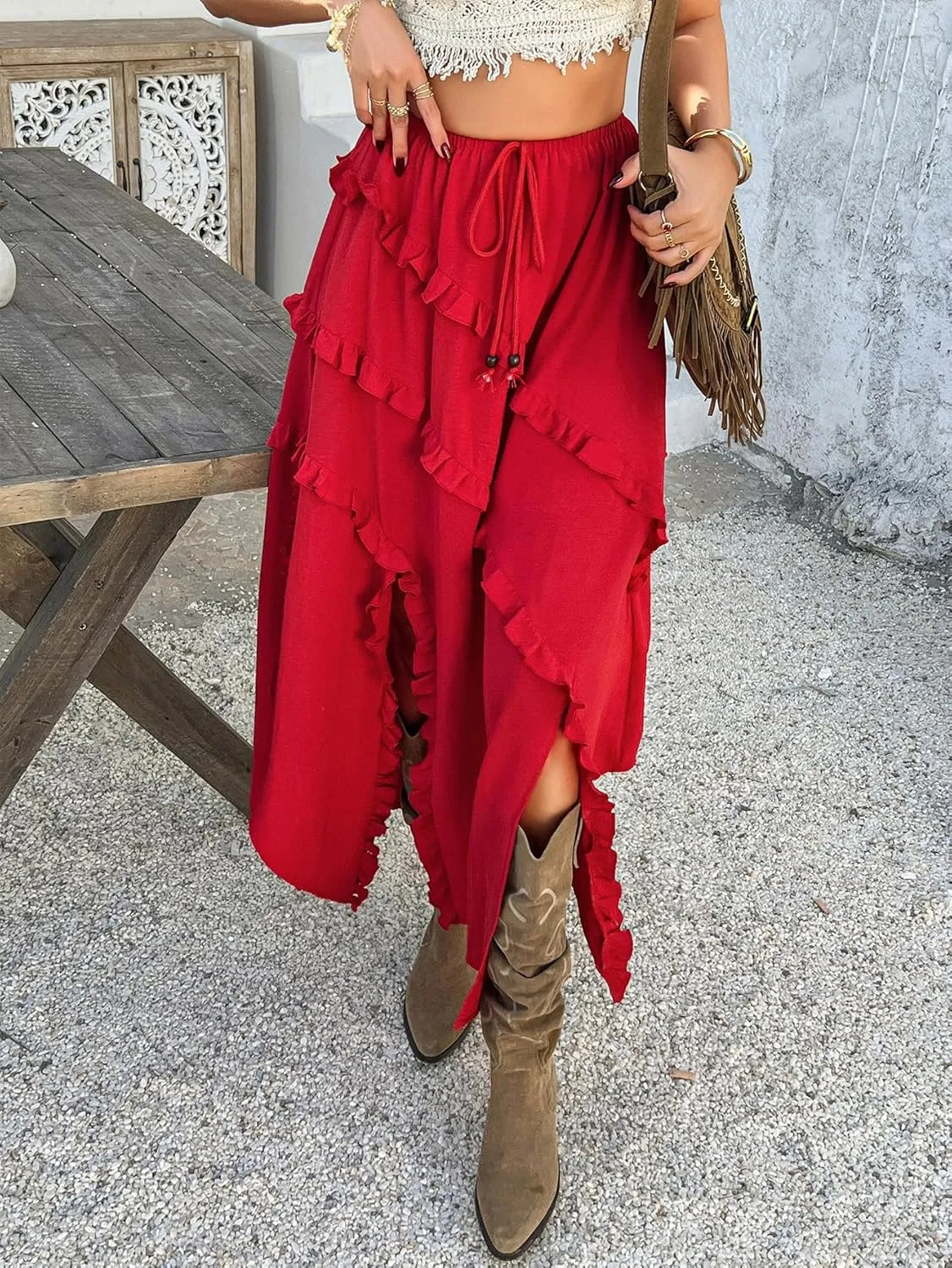Women's High Waist Split Ruffle Skirts Y2k Summer Boho Drawstring Flowy Midi Skirt 2025 Trendy Vacation Outfits
