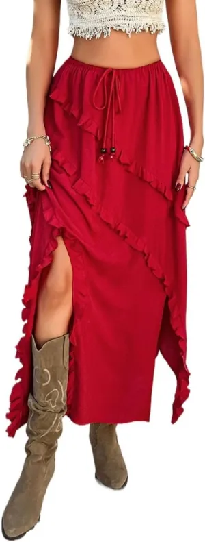 Women's High Waist Split Ruffle Skirts Y2k Summer Boho Drawstring Flowy Midi Skirt 2025 Trendy Vacation Outfits