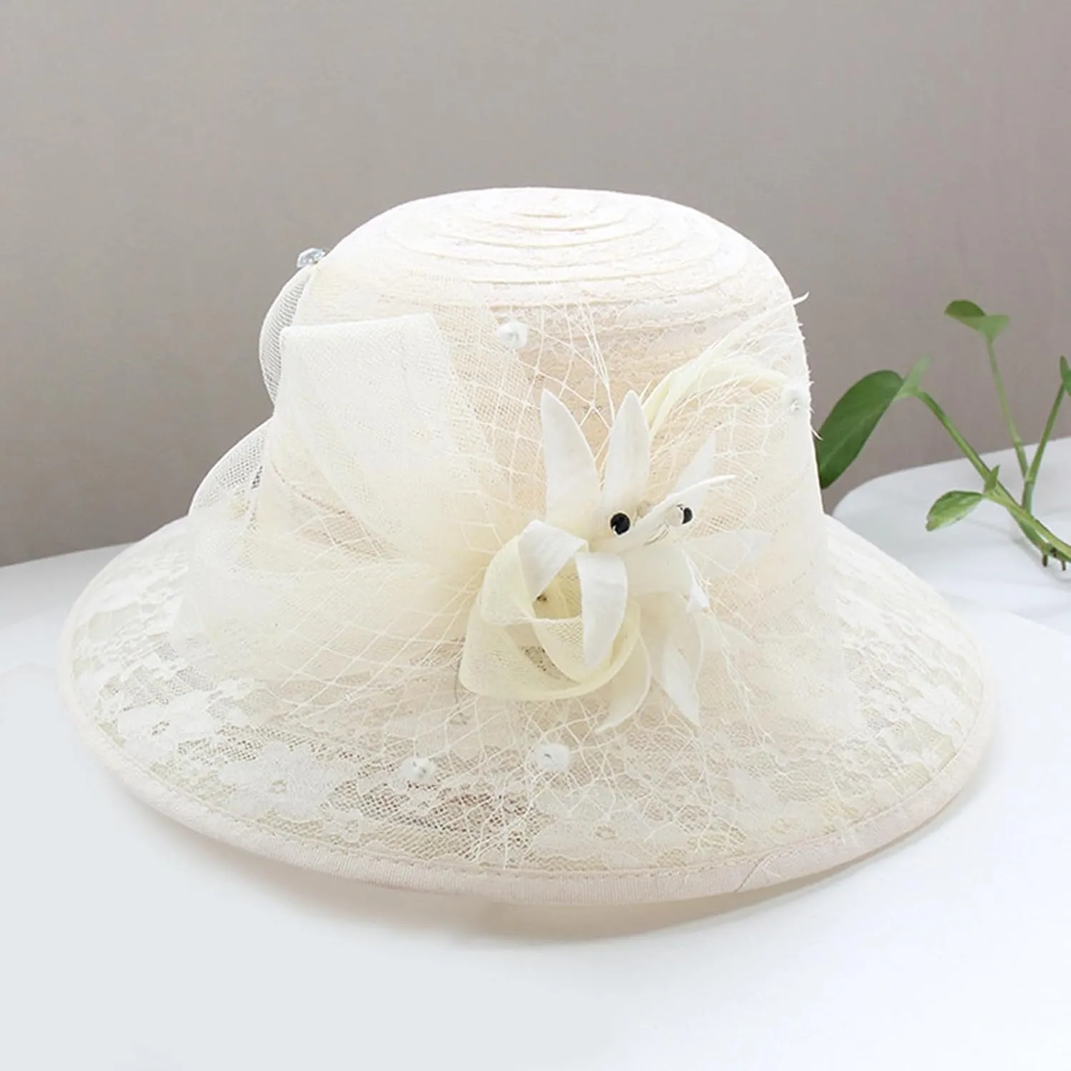 Women's Lace Mesh Flower Top Hat Summer Shade Foldable Sunblock Basin Hat Outdoor Large Rim Beach Sun Wicker Hat