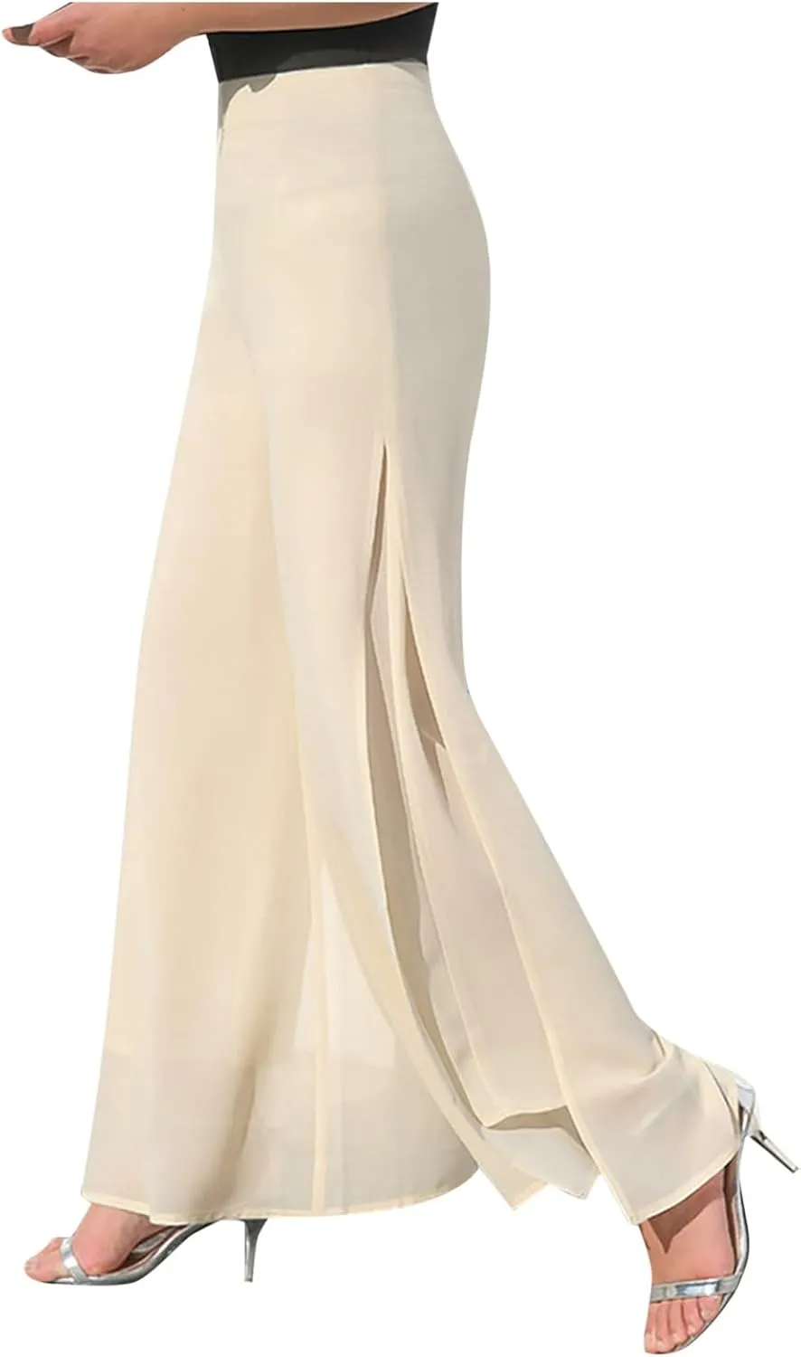 Women's Lightweight Chiffon High Elastic Waist Flowing Trousers Flared Straight Leg Wedding Cocktail Culottes