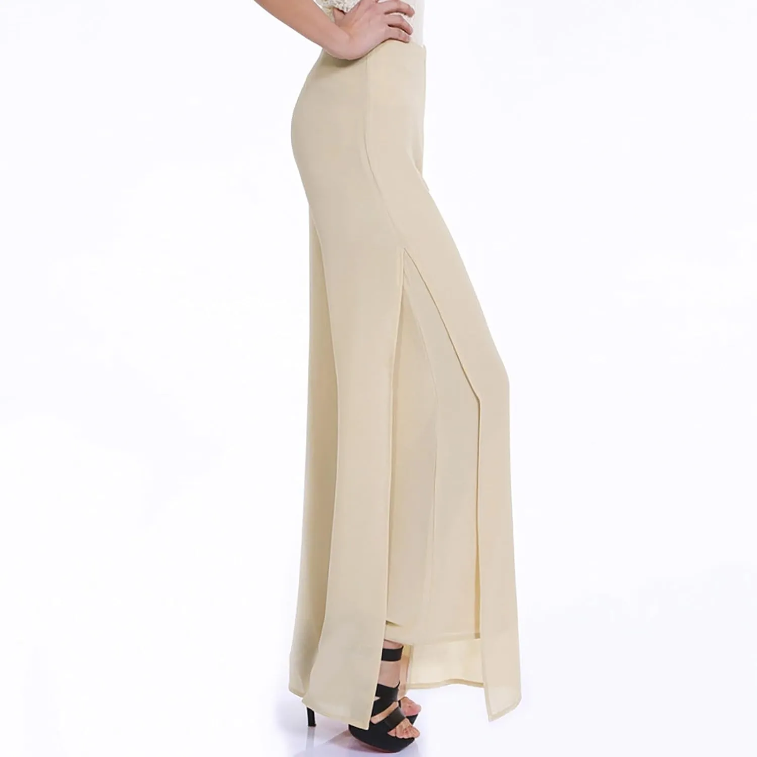 Women's Lightweight Chiffon High Elastic Waist Flowing Trousers Flared Straight Leg Wedding Cocktail Culottes