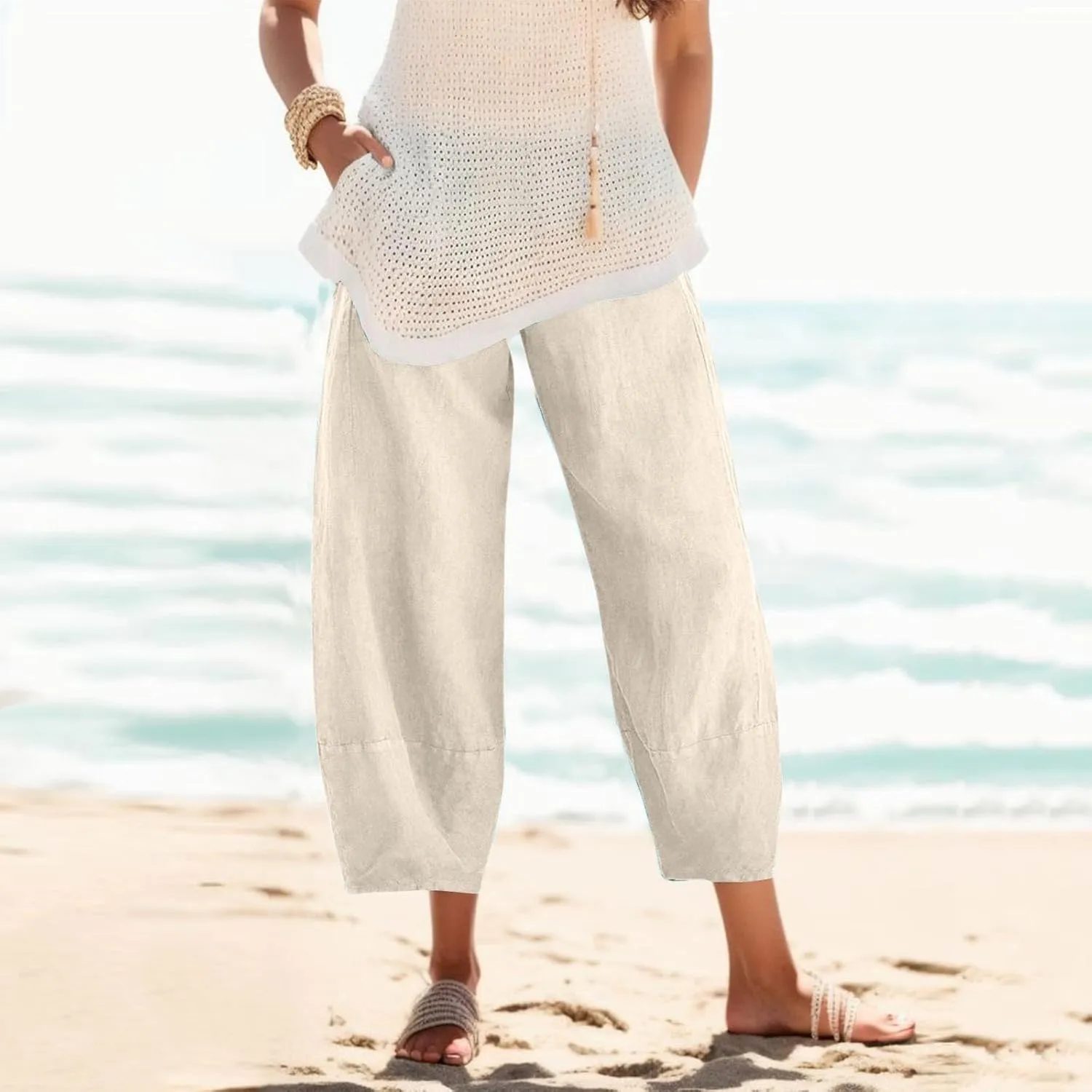 Womens Linen Pants with Pockets High Waist Comfy White Gauze Pants Casua Lightweight Loose Trousers