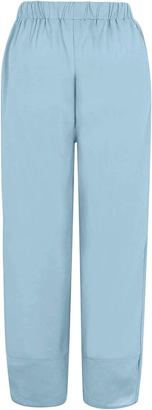 Womens Linen Pants with Pockets High Waist Comfy White Gauze Pants Casua Lightweight Loose Trousers