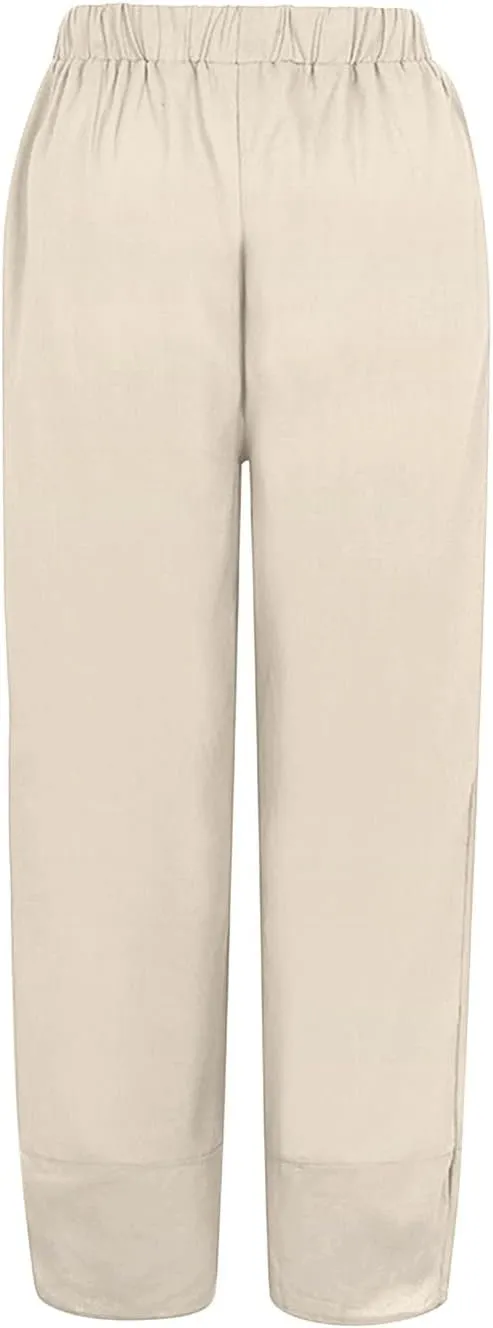 Womens Linen Pants with Pockets High Waist Comfy White Gauze Pants Casua Lightweight Loose Trousers