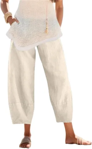 Womens Linen Pants with Pockets High Waist Comfy White Gauze Pants Casua Lightweight Loose Trousers