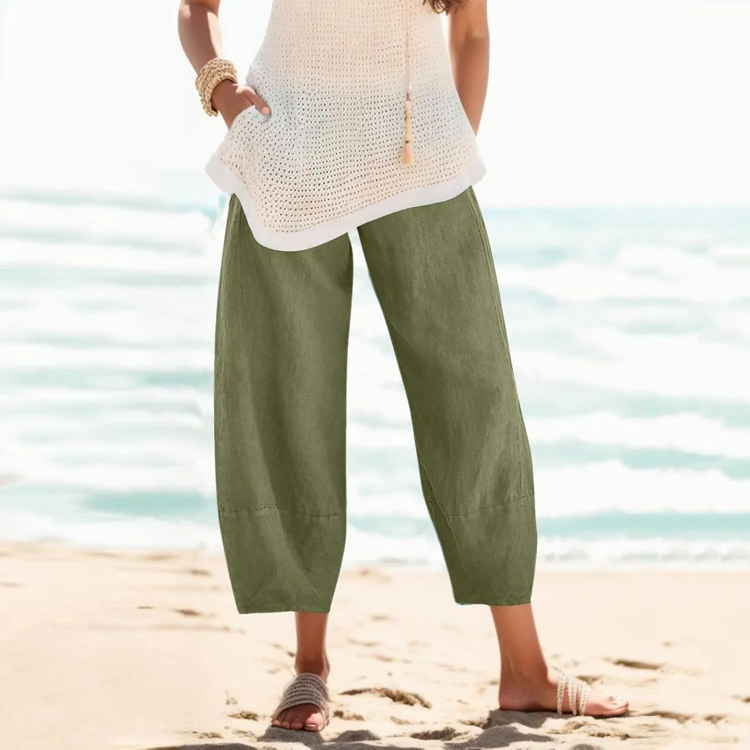 Womens Linen Pants with Pockets High Waist Comfy White Gauze Pants Casua Lightweight Loose Trousers