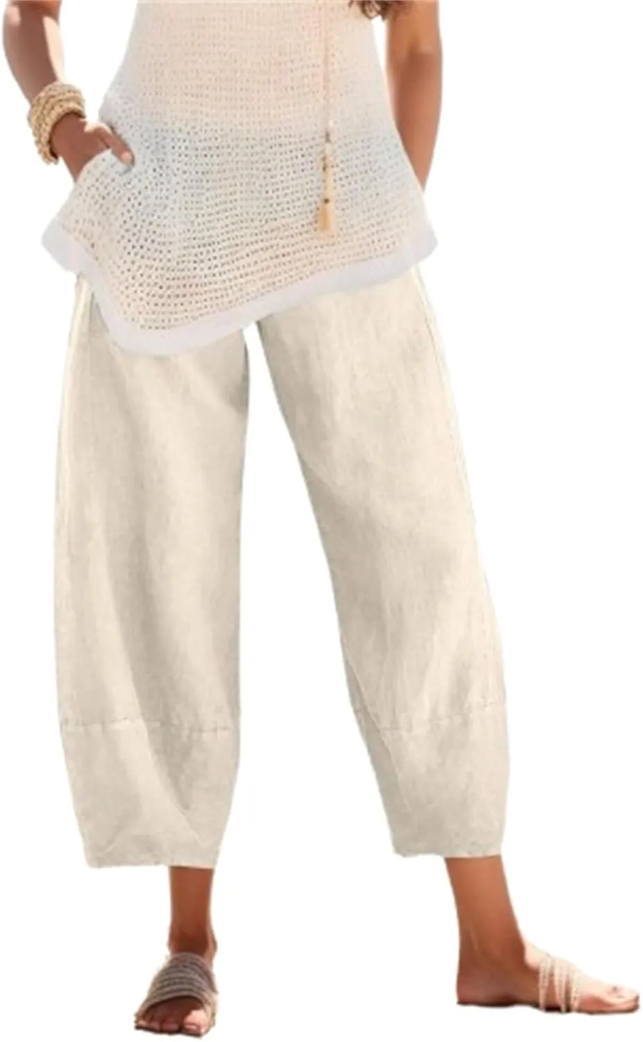 Womens Linen Pants with Pockets High Waist Comfy White Gauze Pants Casua Lightweight Loose Trousers
