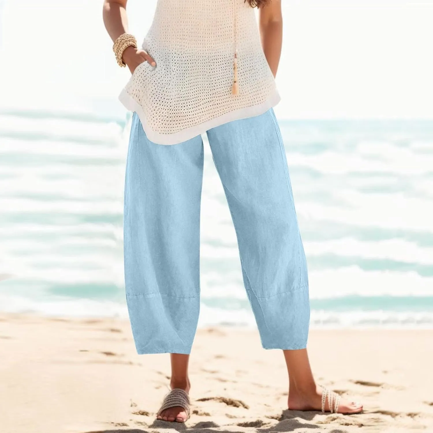 Womens Linen Pants with Pockets High Waist Comfy White Gauze Pants Casua Lightweight Loose Trousers