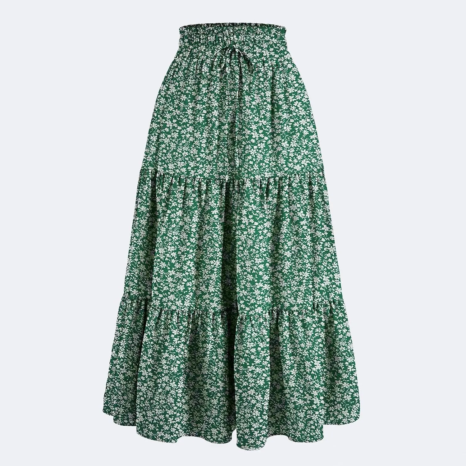 Womens Maxi Skirt Drawstring High Waisted Summer Long Skirts Lightweight Tiered Flowy Floral Pleated Skirts w/Pockets