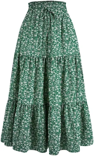 Womens Maxi Skirt Drawstring High Waisted Summer Long Skirts Lightweight Tiered Flowy Floral Pleated Skirts w/Pockets