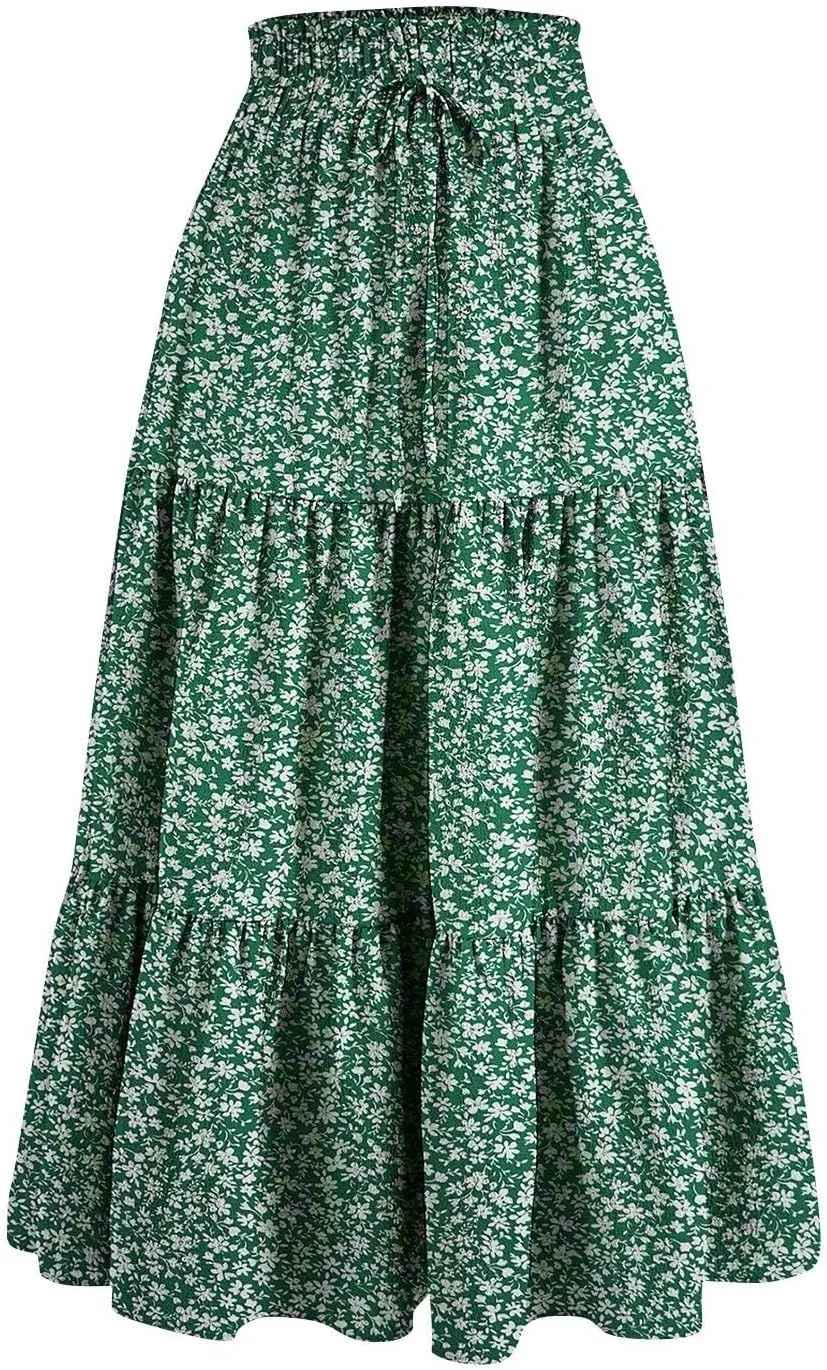Womens Maxi Skirt Drawstring High Waisted Summer Long Skirts Lightweight Tiered Flowy Floral Pleated Skirts w/Pockets