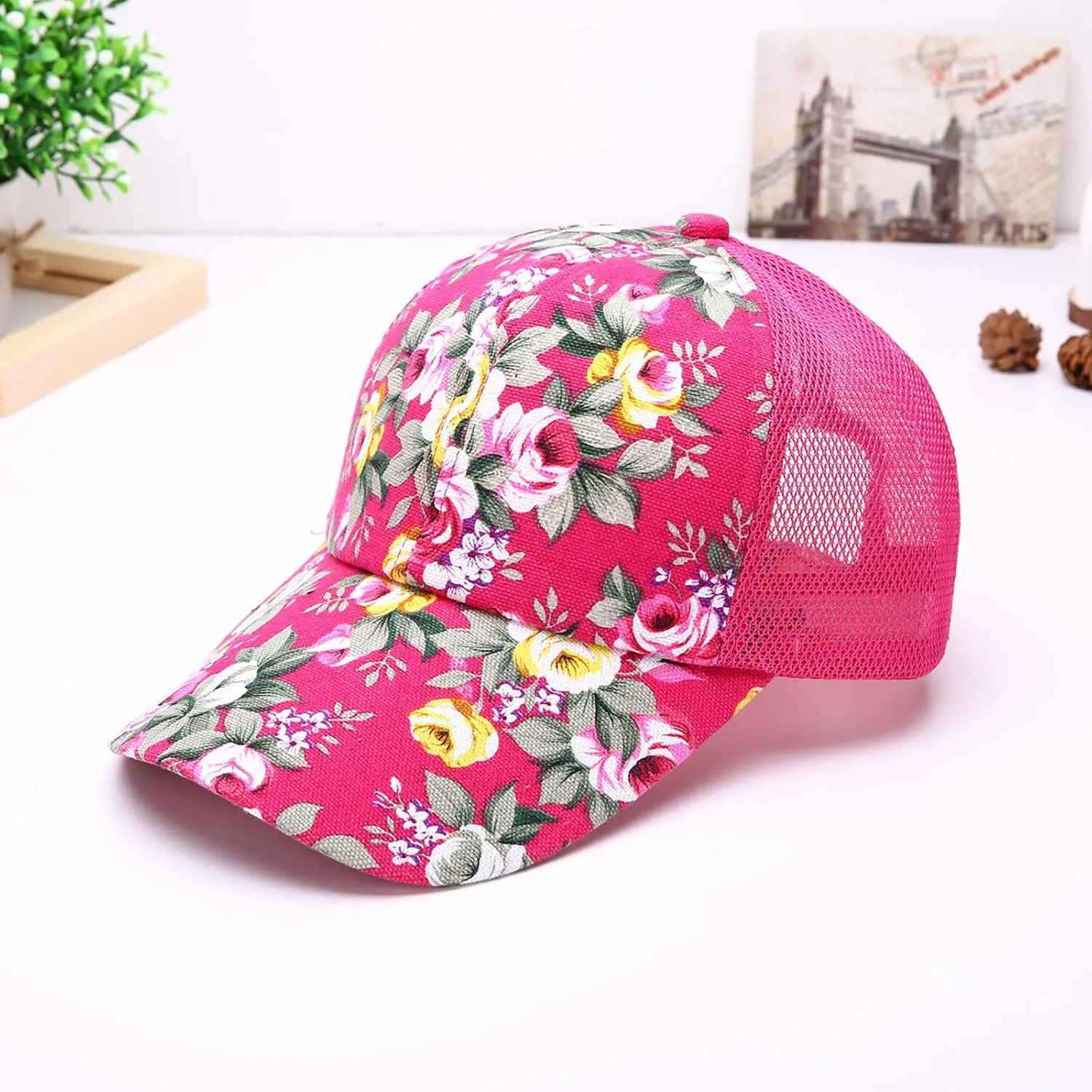 Women's Mesh Flower Print Sun Hat Fashionable Adjustable Floral Baseball Cap Casual Outdoor Sport Trucker Hat