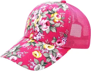 Women's Mesh Flower Print Sun Hat Fashionable Adjustable Floral Baseball Cap Casual Outdoor Sport Trucker Hat