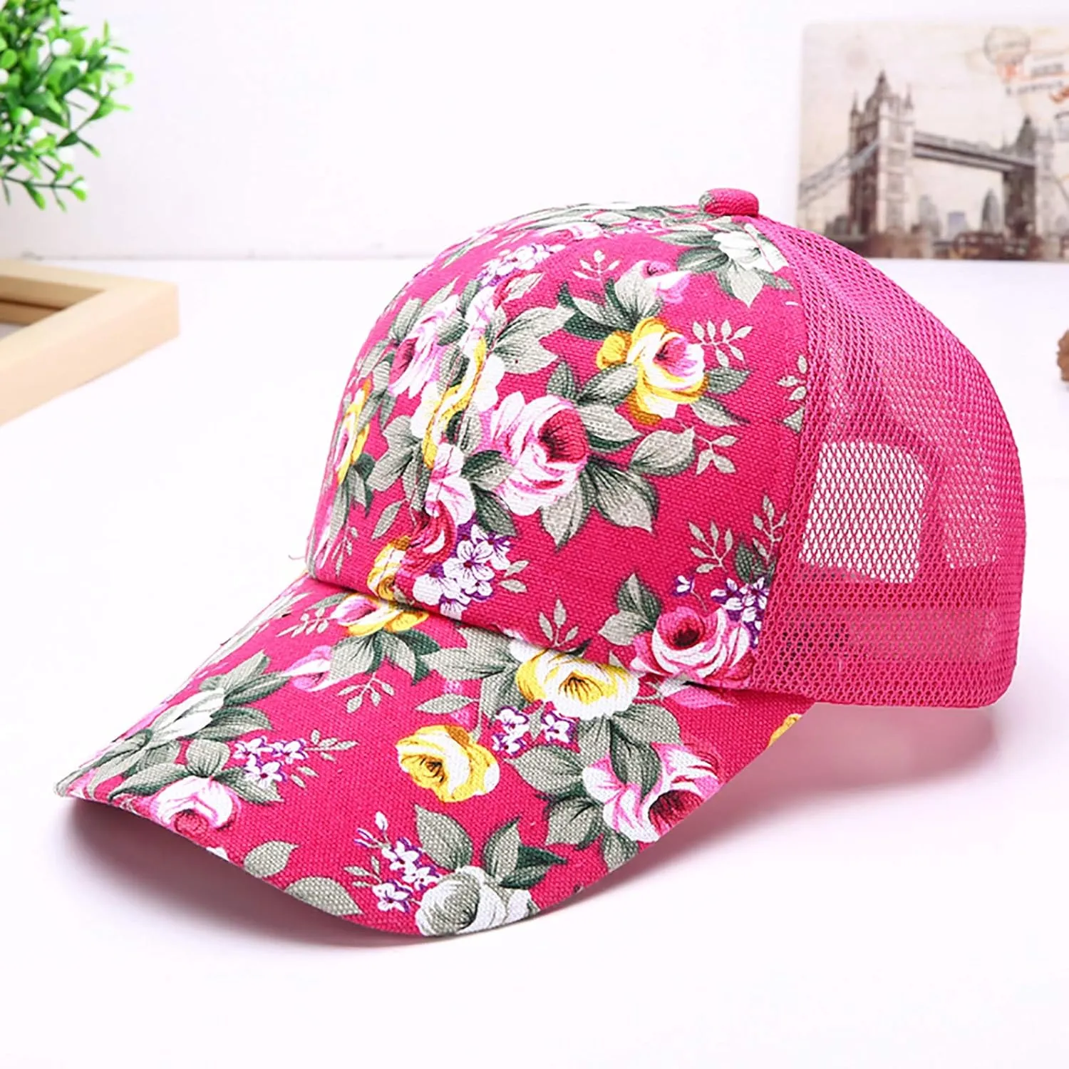 Women's Mesh Flower Print Sun Hat Fashionable Adjustable Floral Baseball Cap Casual Outdoor Sport Trucker Hat