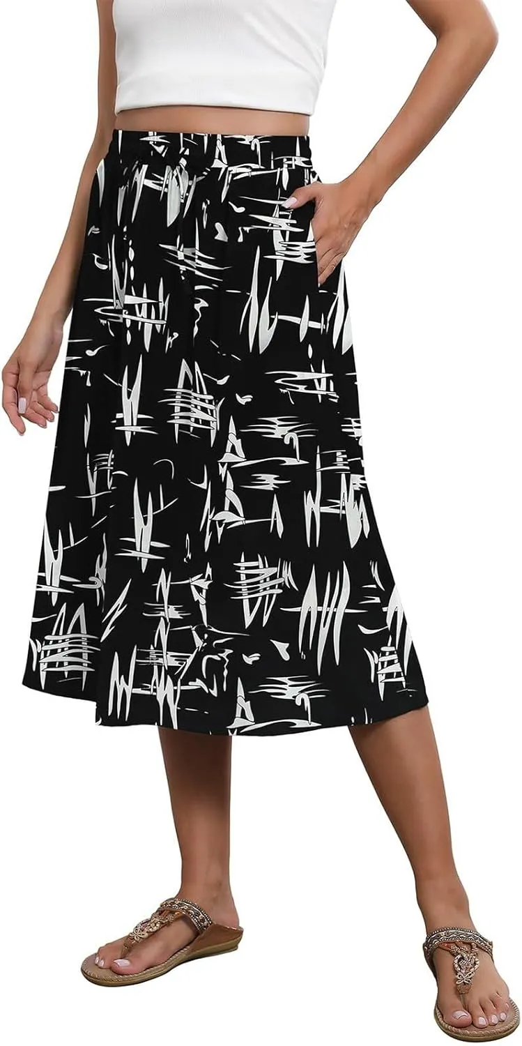 Women's Midi Boho Floral Skirts Trendy A Line Skirt Comfy Flowy Drawstring High Elastic Waist Skorts with Pockets
