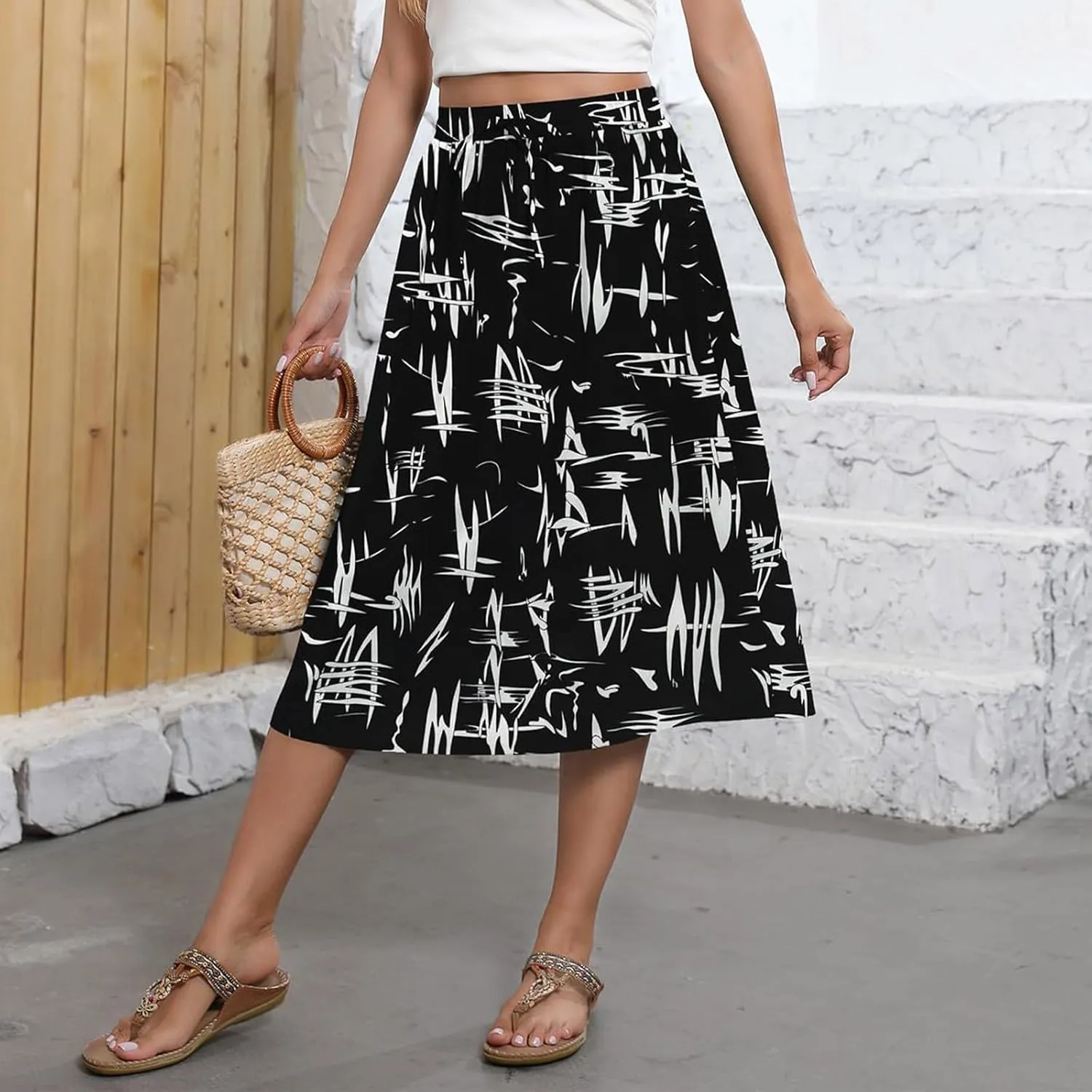 Women's Midi Boho Floral Skirts Trendy A Line Skirt Comfy Flowy Drawstring High Elastic Waist Skorts with Pockets