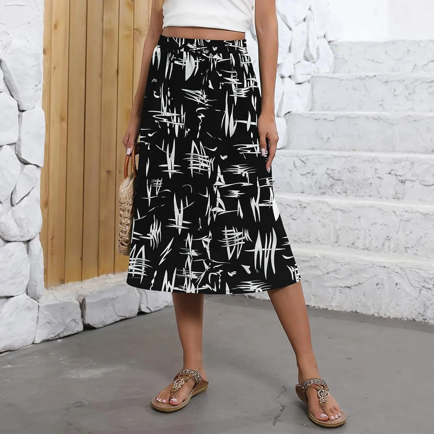 Women's Midi Boho Floral Skirts Trendy A Line Skirt Comfy Flowy Drawstring High Elastic Waist Skorts with Pockets