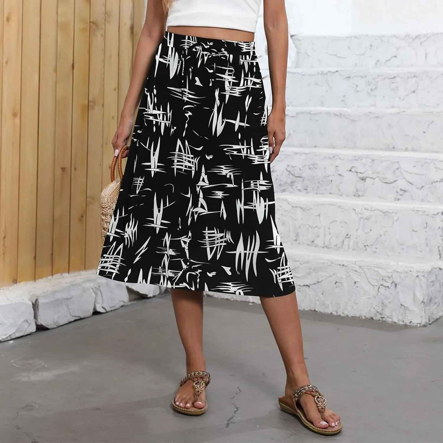 Women's Midi Boho Floral Skirts Trendy A Line Skirt Comfy Flowy Drawstring High Elastic Waist Skorts with Pockets