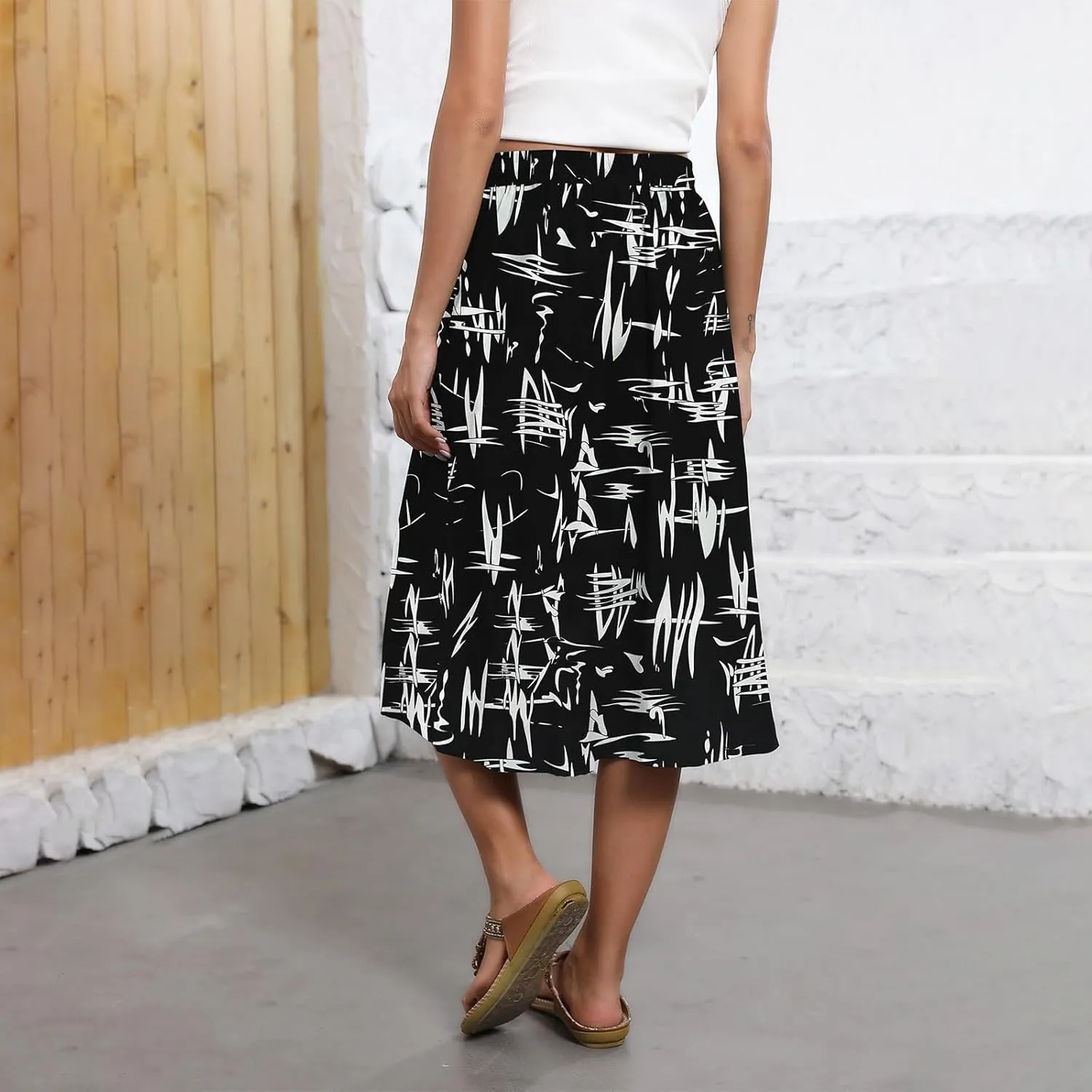 Women's Midi Boho Floral Skirts Trendy A Line Skirt Comfy Flowy Drawstring High Elastic Waist Skorts with Pockets
