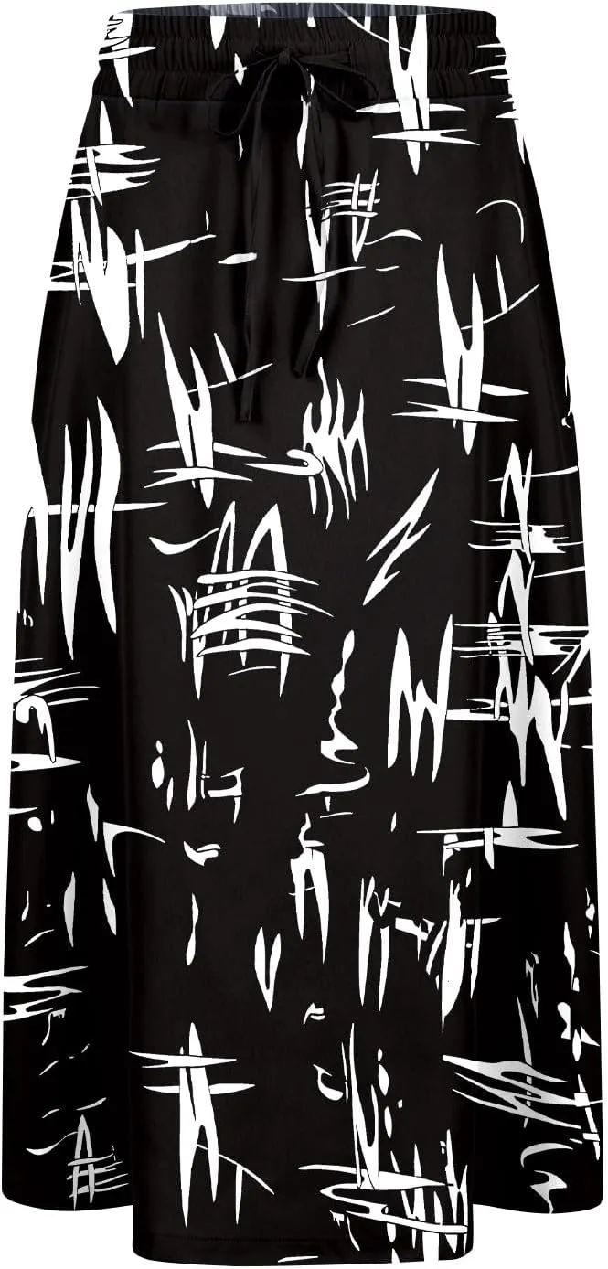 Women's Midi Boho Floral Skirts Trendy A Line Skirt Comfy Flowy Drawstring High Elastic Waist Skorts with Pockets