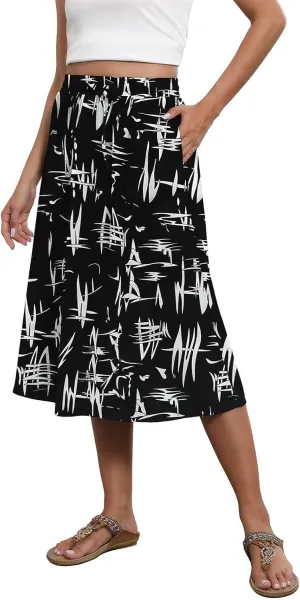 Women's Midi Boho Floral Skirts Trendy A Line Skirt Comfy Flowy Drawstring High Elastic Waist Skorts with Pockets