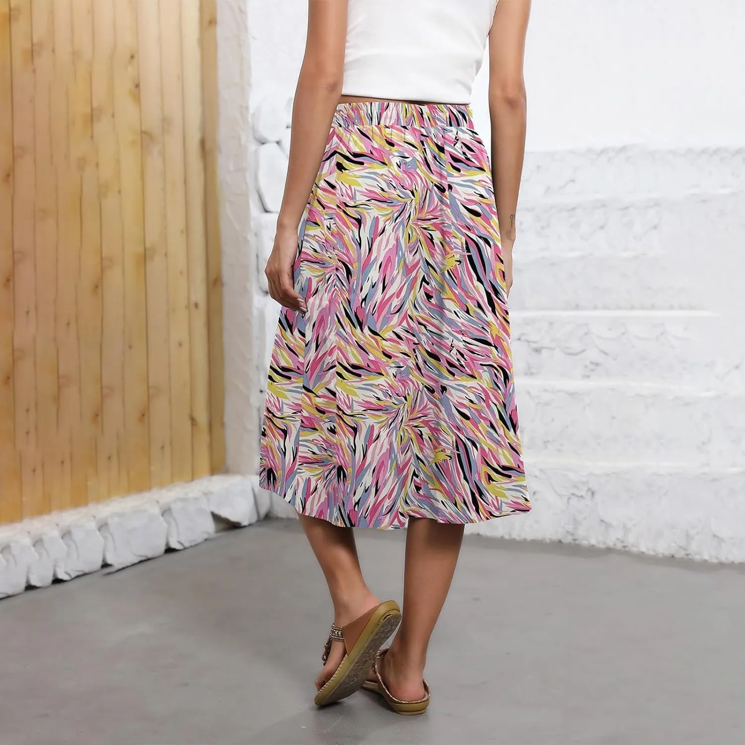 Women's Midi Boho Floral Skirts Trendy A Line Skirt Drawstring High Elastic Waist Comfy Flowy Skorts with Pockets