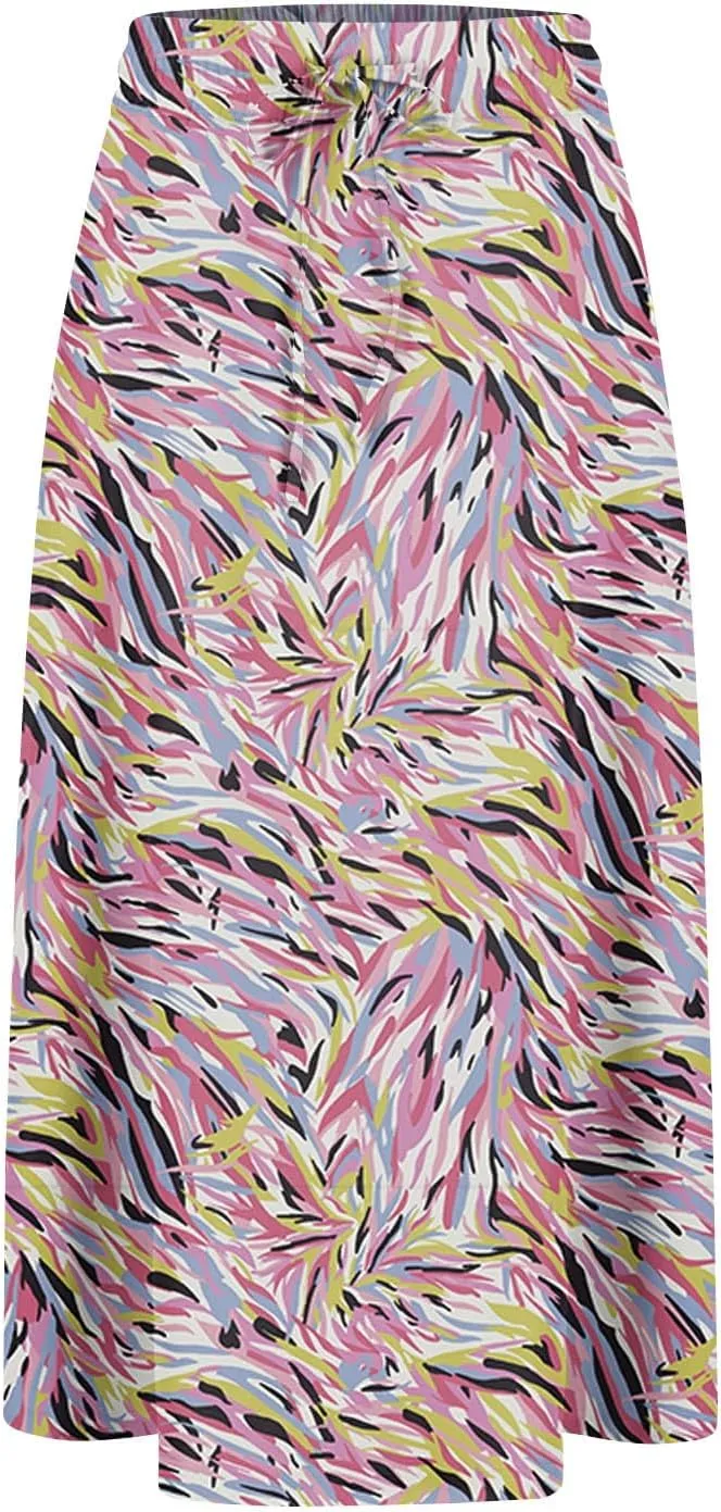 Women's Midi Boho Floral Skirts Trendy A Line Skirt Drawstring High Elastic Waist Comfy Flowy Skorts with Pockets