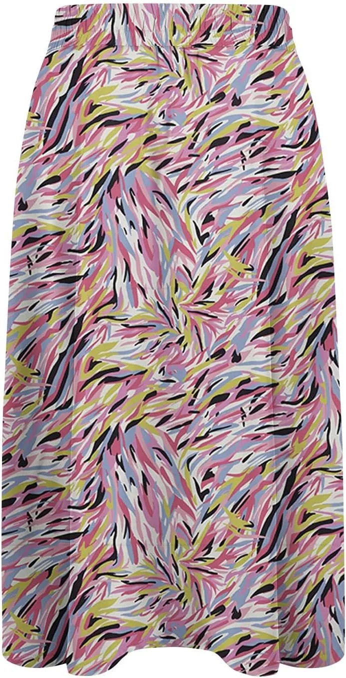 Women's Midi Boho Floral Skirts Trendy A Line Skirt Drawstring High Elastic Waist Comfy Flowy Skorts with Pockets