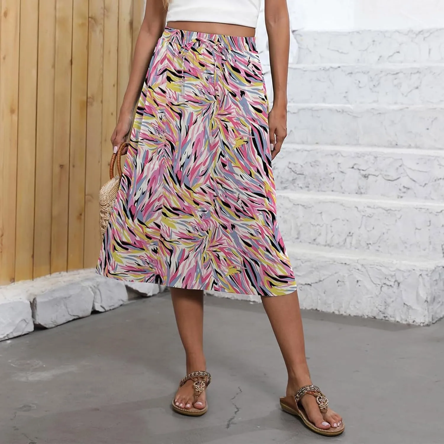 Women's Midi Boho Floral Skirts Trendy A Line Skirt Drawstring High Elastic Waist Comfy Flowy Skorts with Pockets