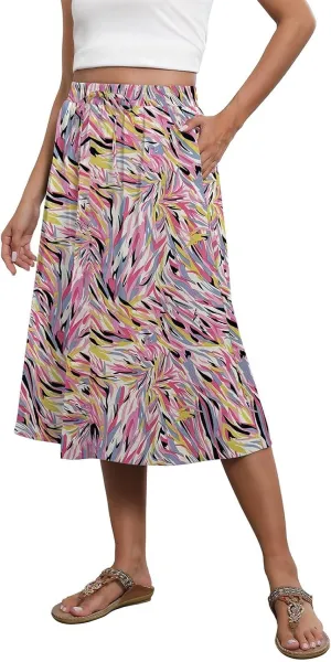 Women's Midi Boho Floral Skirts Trendy A Line Skirt Drawstring High Elastic Waist Comfy Flowy Skorts with Pockets