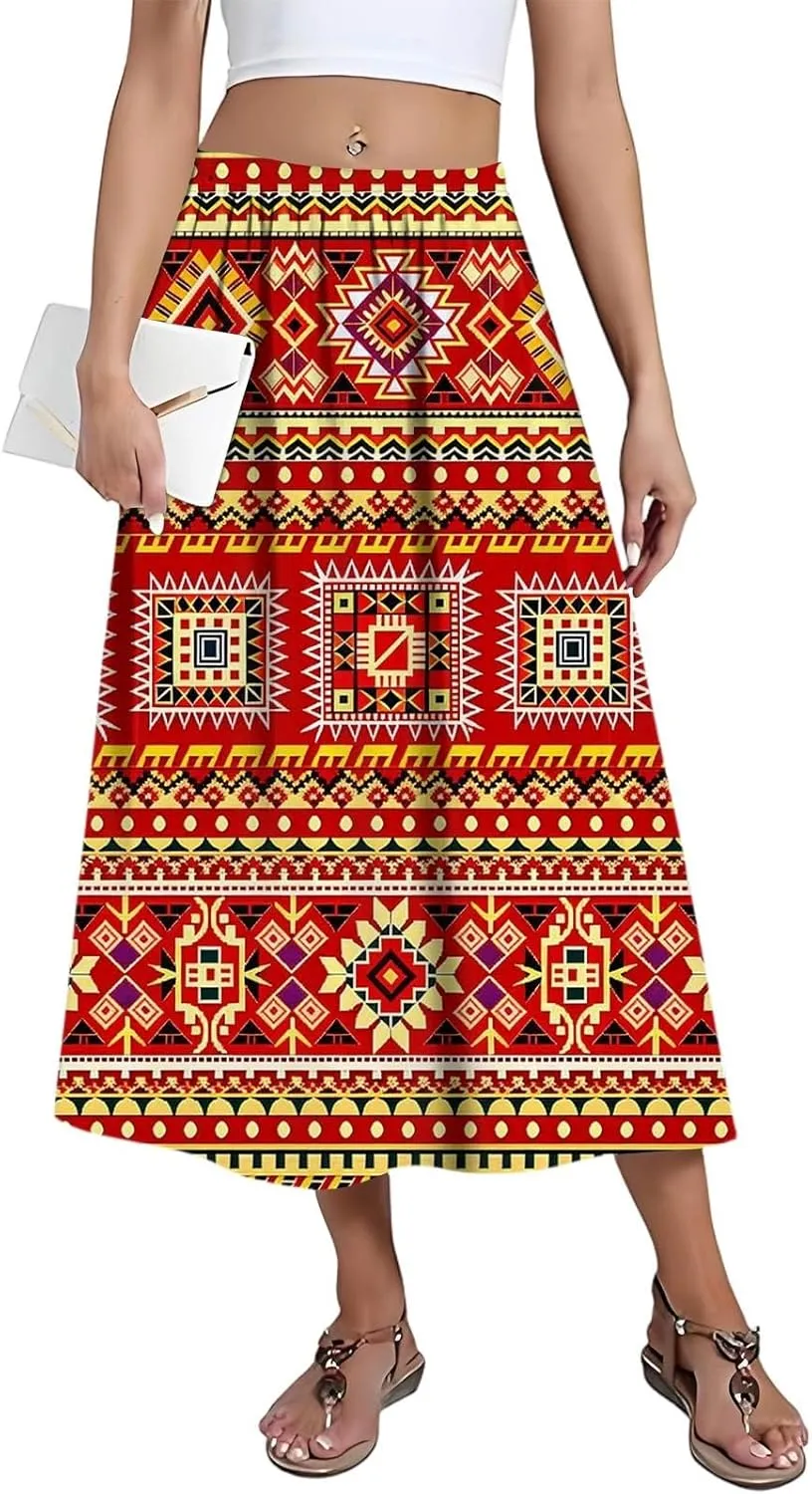 Women's Midi Boho Floral Skirts Trendy Comfy Flowy A Line Skirt High Elastic Waist Skorts with Pockets