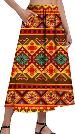 Women's Midi Boho Floral Skirts Trendy Comfy Flowy A Line Skirt High Elastic Waist Skorts with Pockets