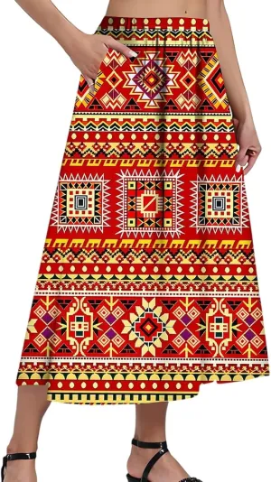 Women's Midi Boho Floral Skirts Trendy Comfy Flowy A Line Skirt High Elastic Waist Skorts with Pockets