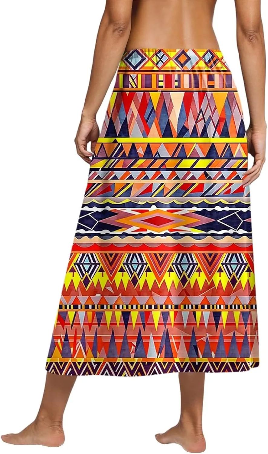 Women's Midi Boho Floral Skirts Trendy Comfy Flowy A Line Skirt High Elastic Waist Skorts with Pockets