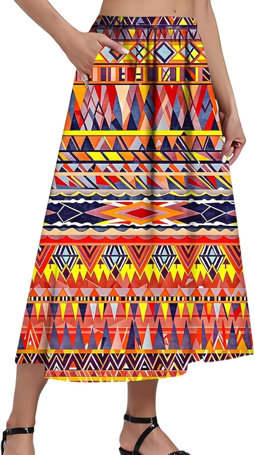 Women's Midi Boho Floral Skirts Trendy Comfy Flowy A Line Skirt High Elastic Waist Skorts with Pockets